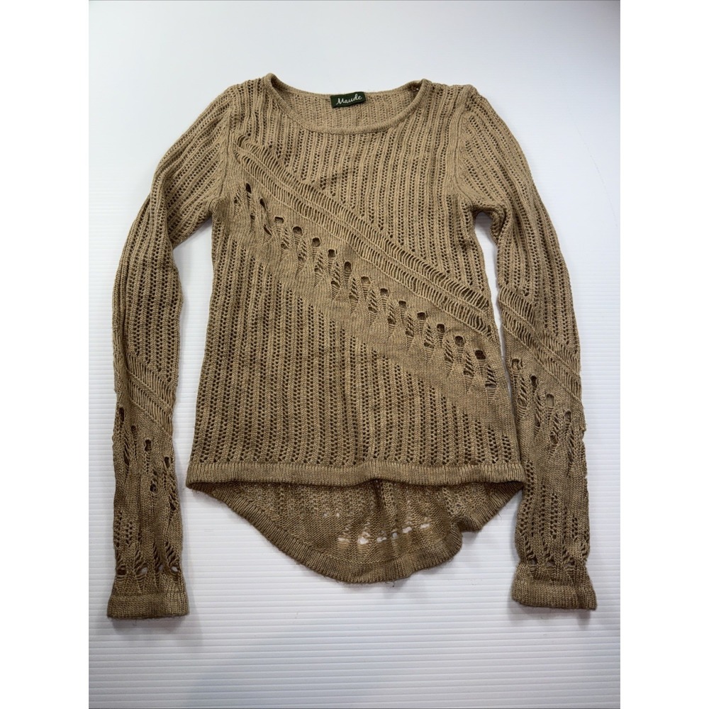 Anthropologie Maude Distressed Crew Neck Sweater Beige‎ Tan Wool Blend Knit S